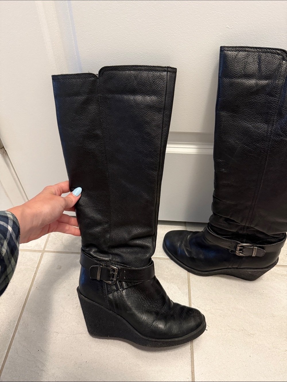 Aldo Black Leather Knee-High Wedge Boots with Buckle